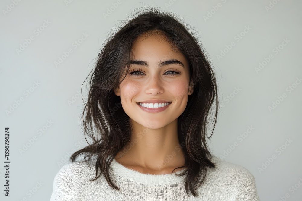 Woman in 20s to 30s pose in casual white attire with understated white gray backgrounds, exuding tranquility and elegance through simplicity. Woman in 20s to 30s pose in casual white attire with understated white gray backgrounds, exuding tranquility and elegance through simplicity.