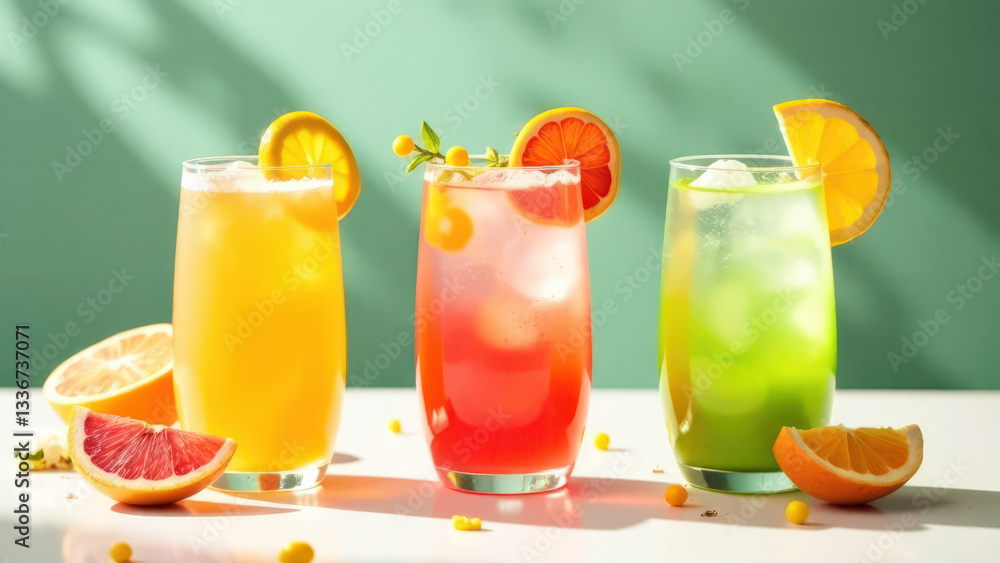 Fototapeta premium long banner close up cocktails or fruit juices in glass glasses on green background, citrus slices lying nearby