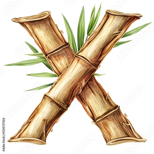 Bamboo Cross with Leaves: An artistic watercolor illustration presents a stylized letter X formed by two intersecting bamboo stalks, adorned with fresh green leaves, symbolizing natural harmony.