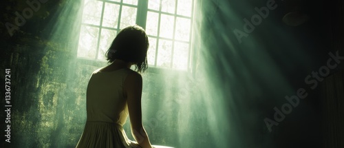 A woman is sitting in a room with sunlight shining through a window