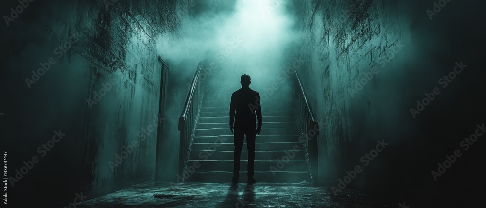 A man stands on a staircase in a dark, foggy room
