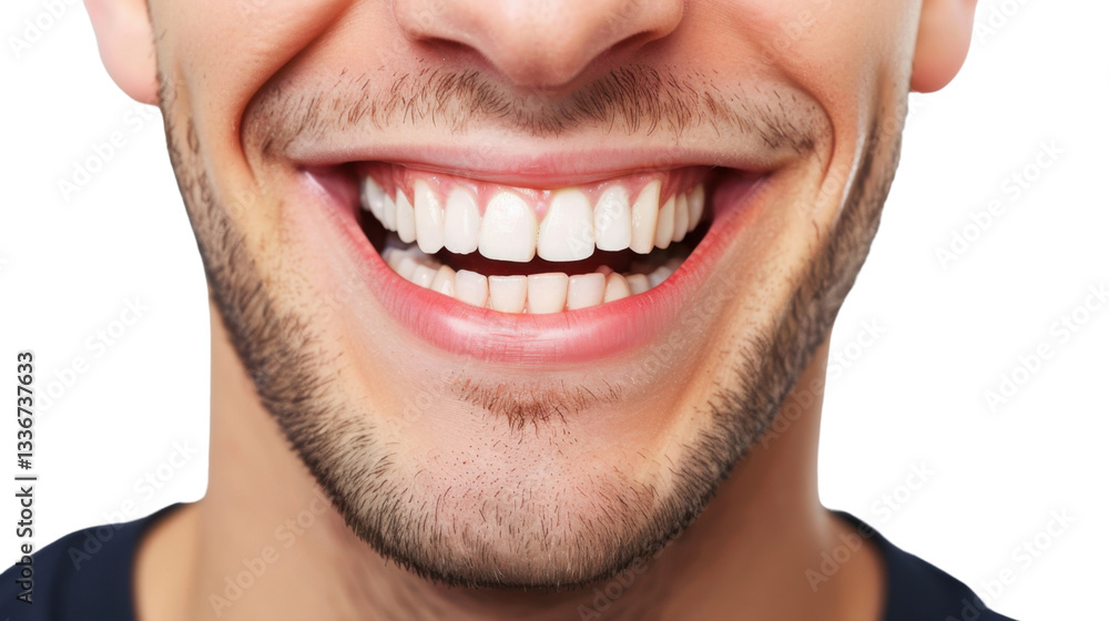 Man smiling showing perfect white teeth on transparent background