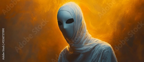 A person wearing a white mask stands in front of a yellow background