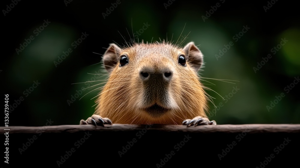 This adorable capybara is curiously peeking over a wooden edge, showcasing its expressive face and inquisitive nature in a beautifully blurred green background. This adorable capybara is curiously peeking over a wooden edge, showcasing its expressive face and inquisitive nature in a beautifully blurred green background.
