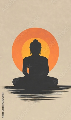 A dark silhouette sits in meditative pose before a brilliant sun and serene water surface. A peaceful and serene scene