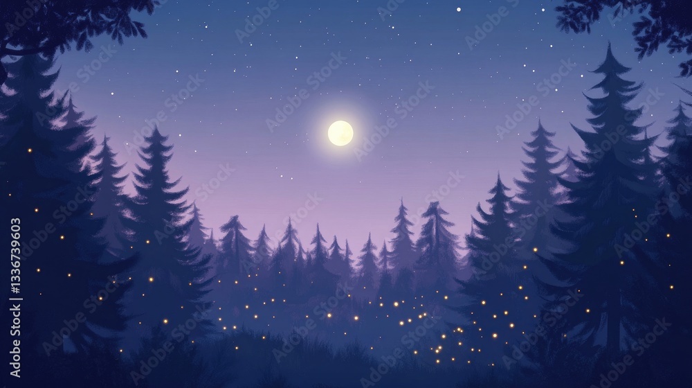 A dense forest glowing with fireflies under a serene moonlit sky. A dense forest glowing with fireflies under a serene moonlit sky.