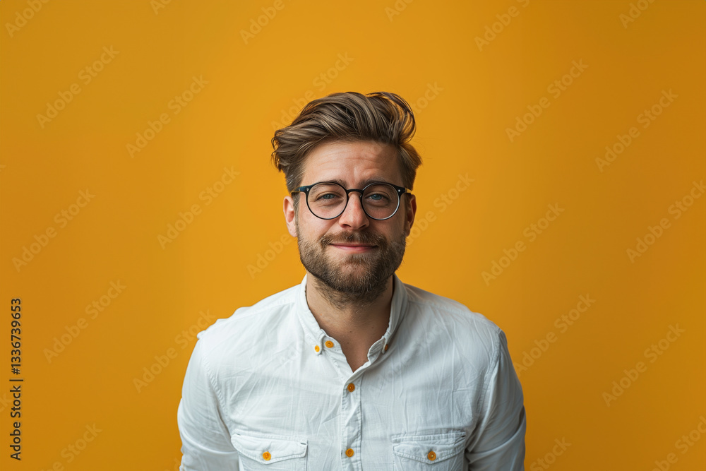 Obraz premium Caucasian man pose against vivid backgrounds, their bright attire and relaxed smiles creating an energetic, positive vibe.