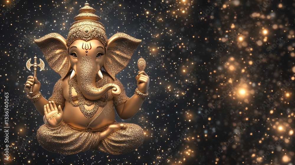 A captivating 3D concept of Lord Ganesha, holding his sacred axe, surrounded by a cosmic backdrop with twinkling stars. A captivating 3D concept of Lord Ganesha, holding his sacred axe, surrounded by a cosmic backdrop with twinkling stars.