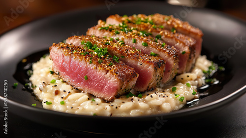 Crispy Sesame-Crusted Tuna on Creamy Risotto with Fresh Chives and Black Plate