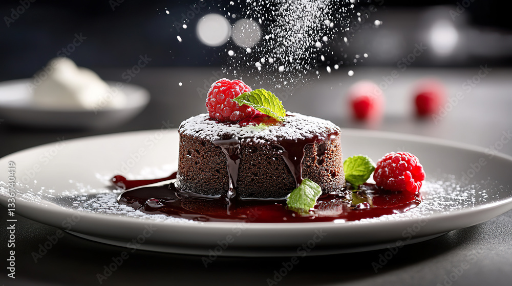 Rich Chocolate Lava Cake with Raspberry Sauce and Powdered Sugar Dusting