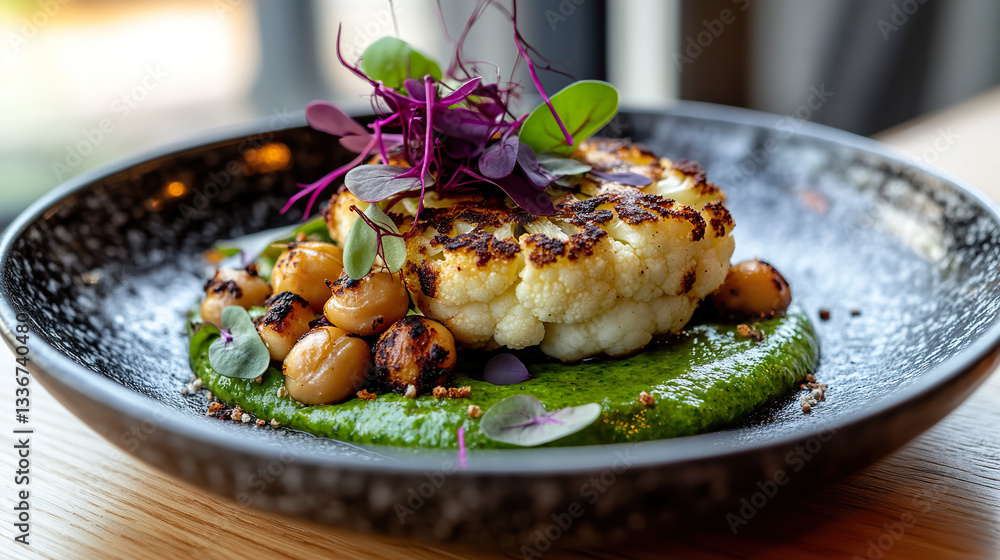 Grilled Cauliflower Steak with Chickpeas and Green Herb Sauce on Black Plate