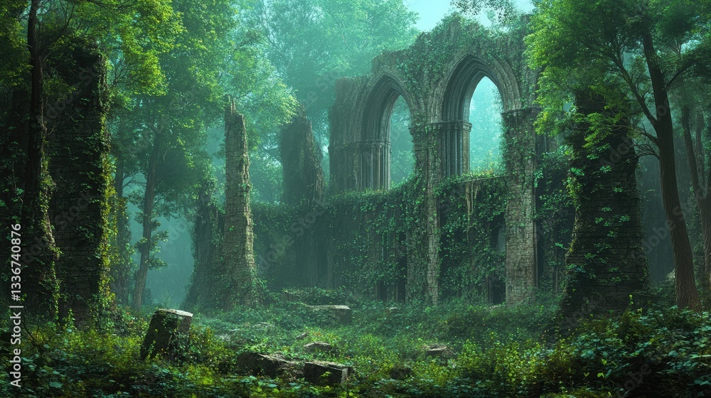 A fairytale-like forest with ivy-covered ancient ruins hidden among the trees. A fairytale-like forest with ivy-covered ancient ruins hidden among the trees.