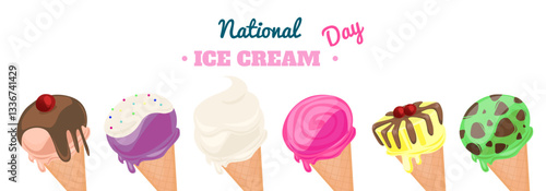 National Ice cream day banner. Pink retro holiday poster, background, card. Sweet cold dessert social media advertising. Flat Vector illustration.