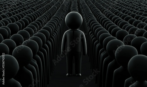 A figure stands out in a dark crowd. Dark figures are closely packed in rows and columns on a black background