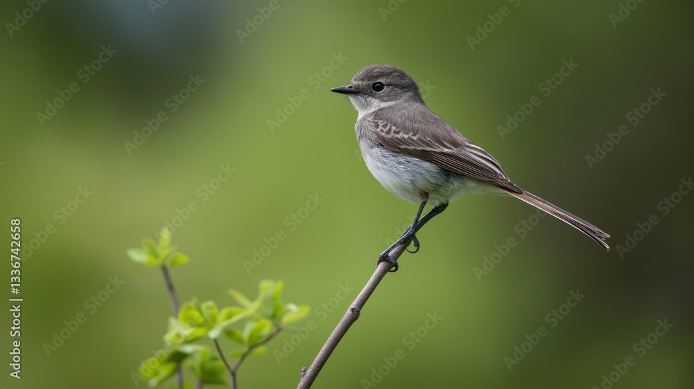 A sharp-eyed American Flycatcher bird perched on the tip of a twig. The blurred background highlights the bird's silhouette, while the sharp focus reveals the intricate feather details A sharp-eyed American Flycatcher bird perched on the tip of a twig. The blurred background highlights the bird's silhouette, while the sharp focus reveals the intricate feather details