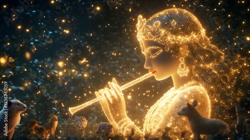 A celestial 3D image of Lord Krishna, surrounded by divine lights, playing his flute in the forest with animals gathered around him.
