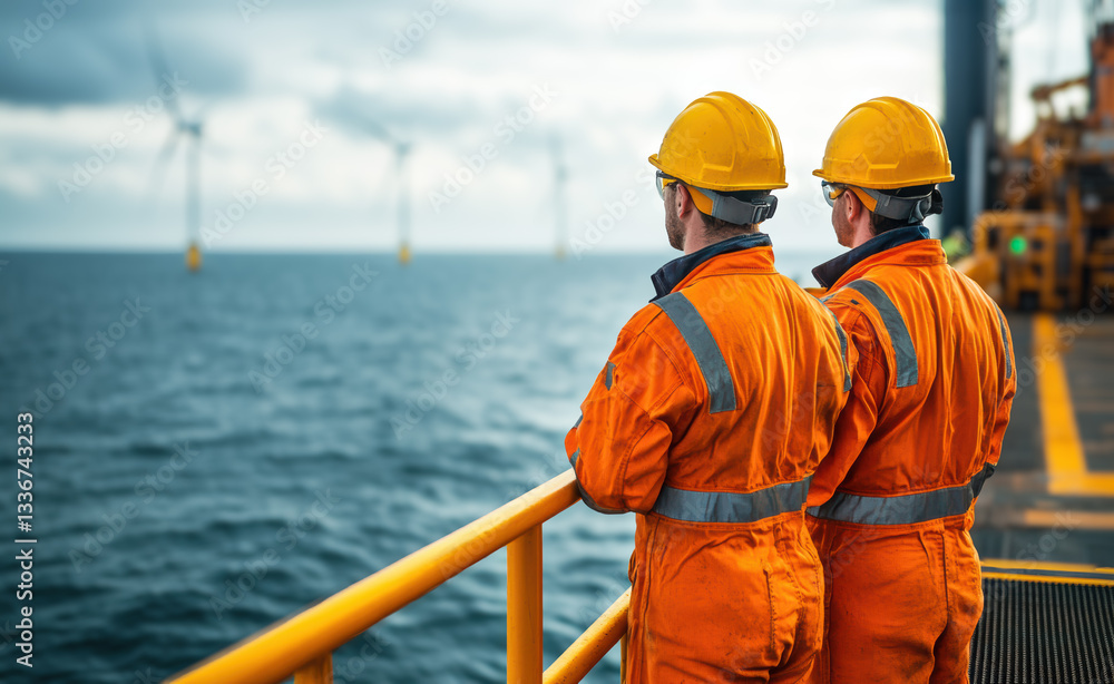 Two engineers in protective gear monitor offshore wind turbines, reflecting the high-level skills and commitment essential for marine environment maintenance. Two engineers in protective gear monitor offshore wind turbines, reflecting the high-level skills and commitment essential for marine environment maintenance.
