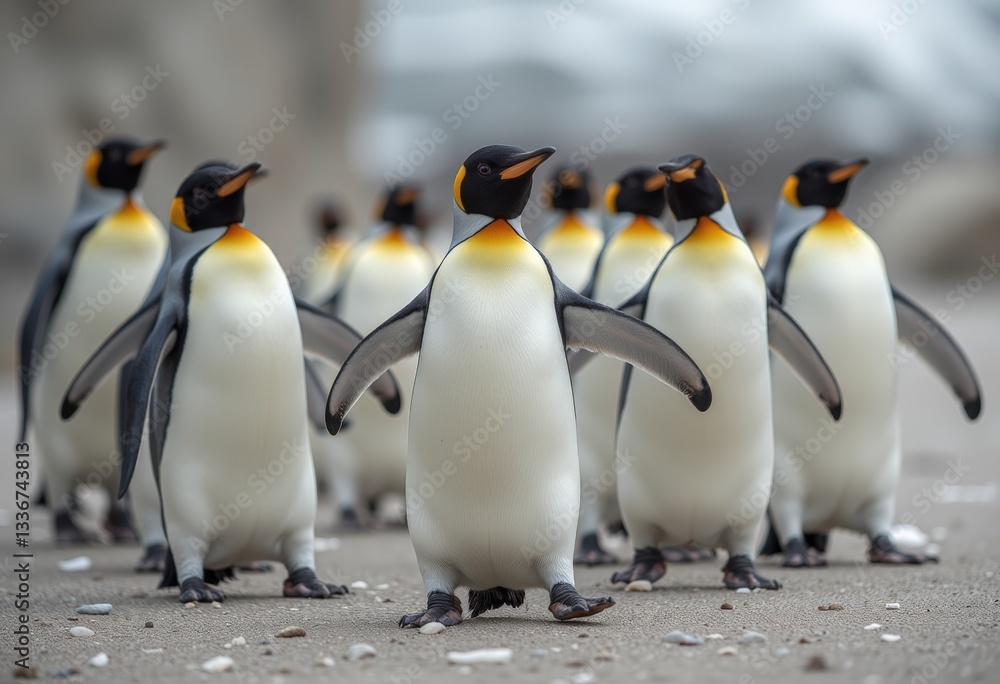 Fototapeta premium Emperor penguins marching in a line on a rocky terrain with a misty background