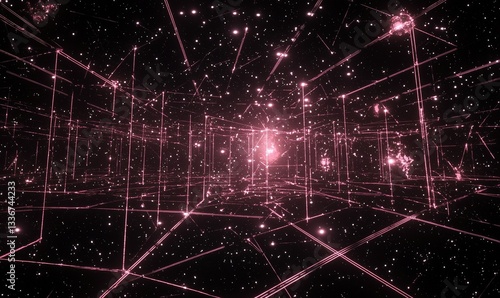 A grid of pink lights and lines forms an abstract, futuristic space. Dots and lines connect, creating a network-like effect