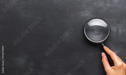 A hand holds a magnifying glass, focusing on a textured surface. Simple composition highlights details and focus