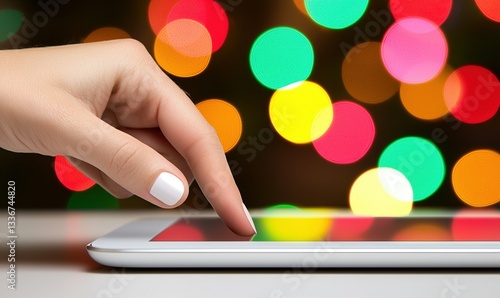 A hand touches a silver tablet screen, colorful lights blur in the background. Minimalist, modern, clean and sleek design