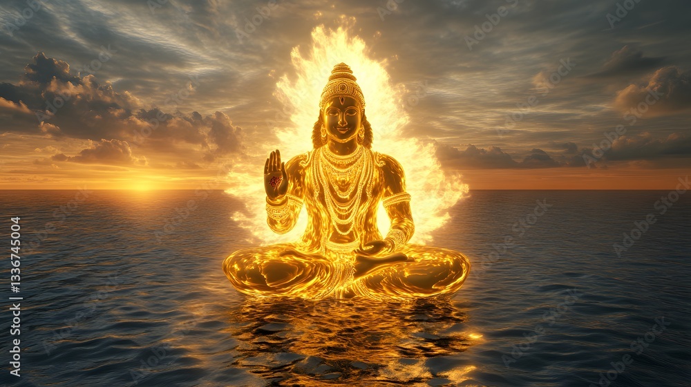 A radiant 3D rendering of Lord Vishnu, sitting in a meditative pose on the cosmic ocean, with divine energy flowing through him.