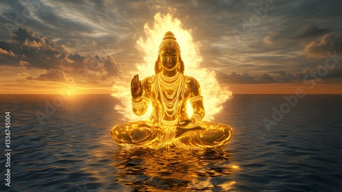 Obraz na płótnie A radiant 3D rendering of Lord Vishnu, sitting in a meditative pose on the cosmic ocean, with divine energy flowing through him. w salonie