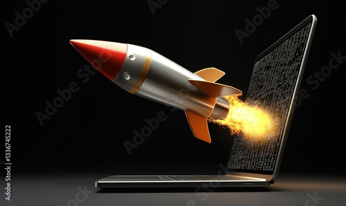 A laptop launches a rocket into space, flames propelling it towards an unknown destination, embodying innovation and progress