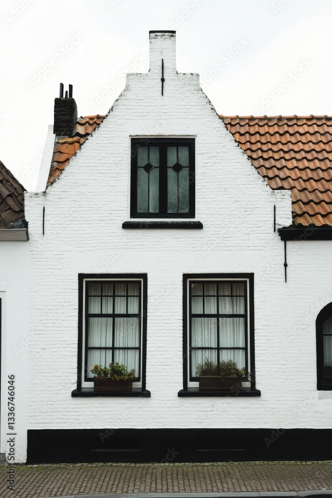 Charming white house with black accents and classic windows in a quiet neighborhood, showcasing traditional architecture below a cloudy sky Charming white house with black accents and classic windows in a quiet neighborhood, showcasing traditional architecture below a cloudy sky