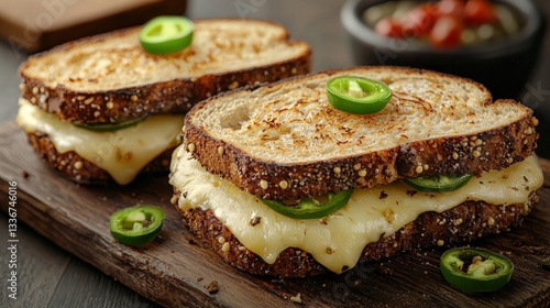 Tasty sandwich on a rustic wooden board featuring layers of pepper jack cheese perfect for a quick meal