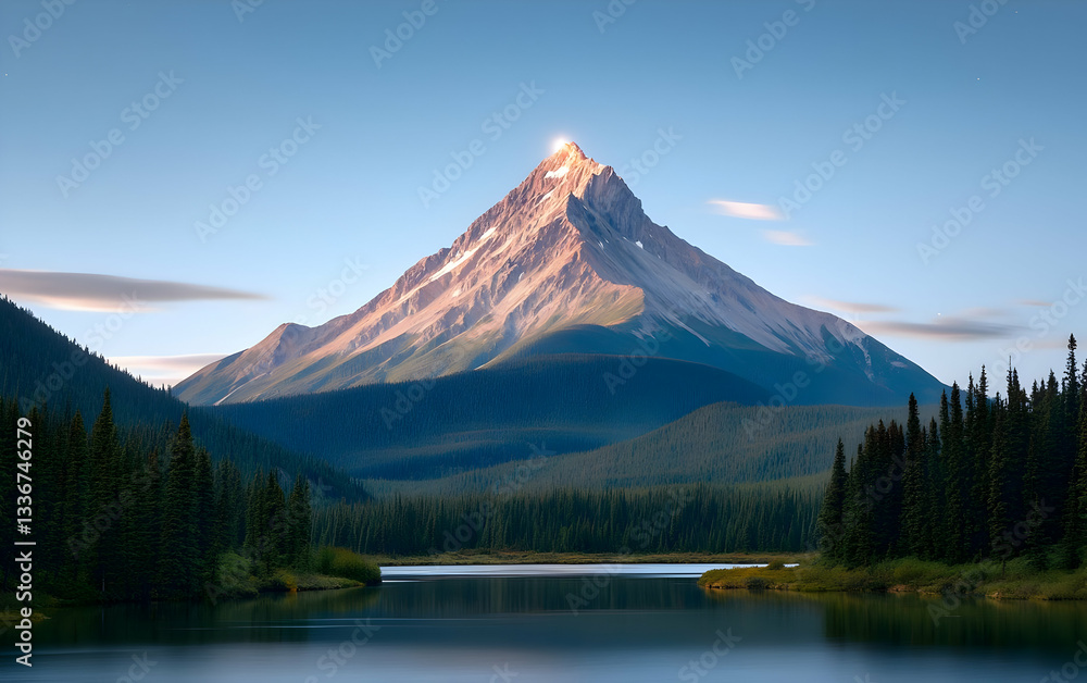 Majestic Rocky Mountain Peak at Dawn with Panoramic Lake View Majestic Rocky Mountain Peak at Dawn with Panoramic Lake View