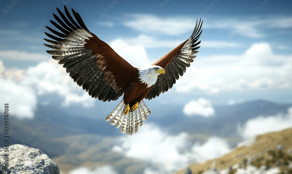 Fototapeta premium A majestic eagle soars through a cloudy mountain landscape, wings fully extended in powerful flight