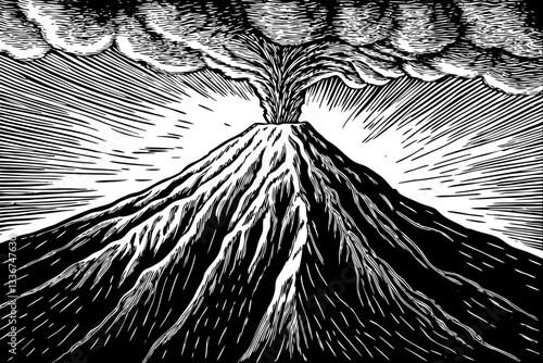 volcanic rocky mountain erupting black and white hand drawn sketch