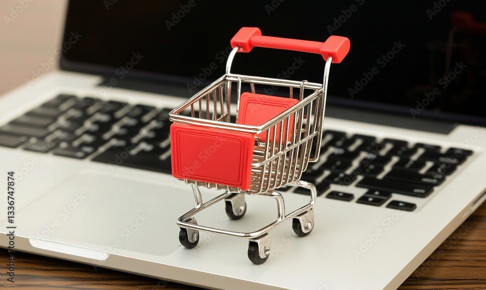 A miniature red shopping cart sits atop a laptop, symbolizing online shopping ease and convenience A miniature red shopping cart sits atop a laptop, symbolizing online shopping ease and convenience