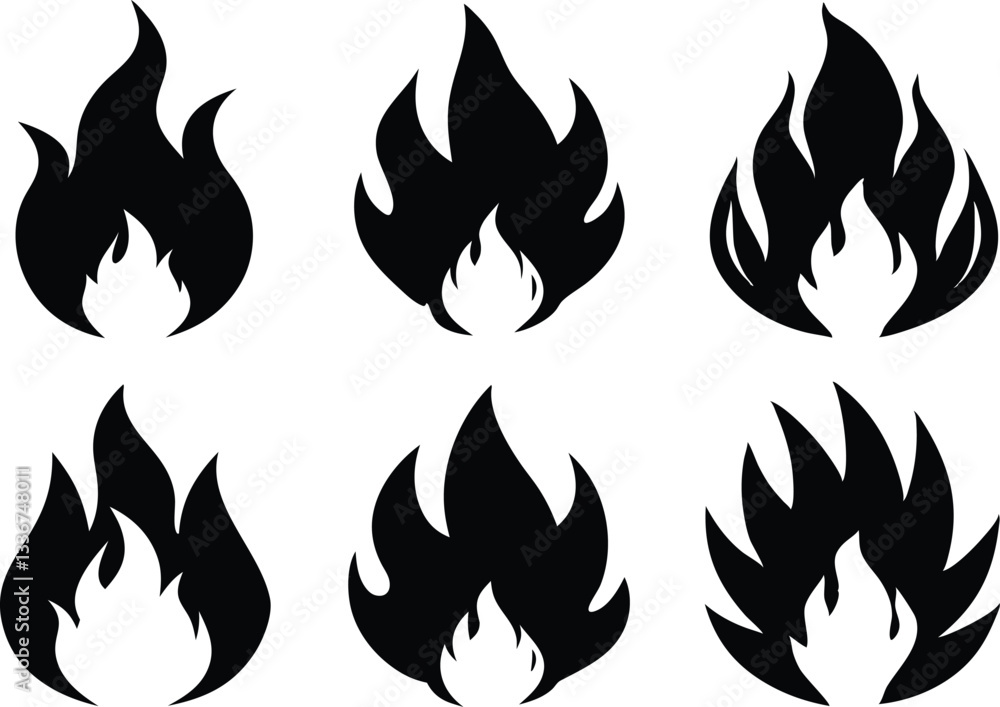 Fire flame icon vector set, Fire silhouette vector Fire flame icon vector set, Fire silhouette vector