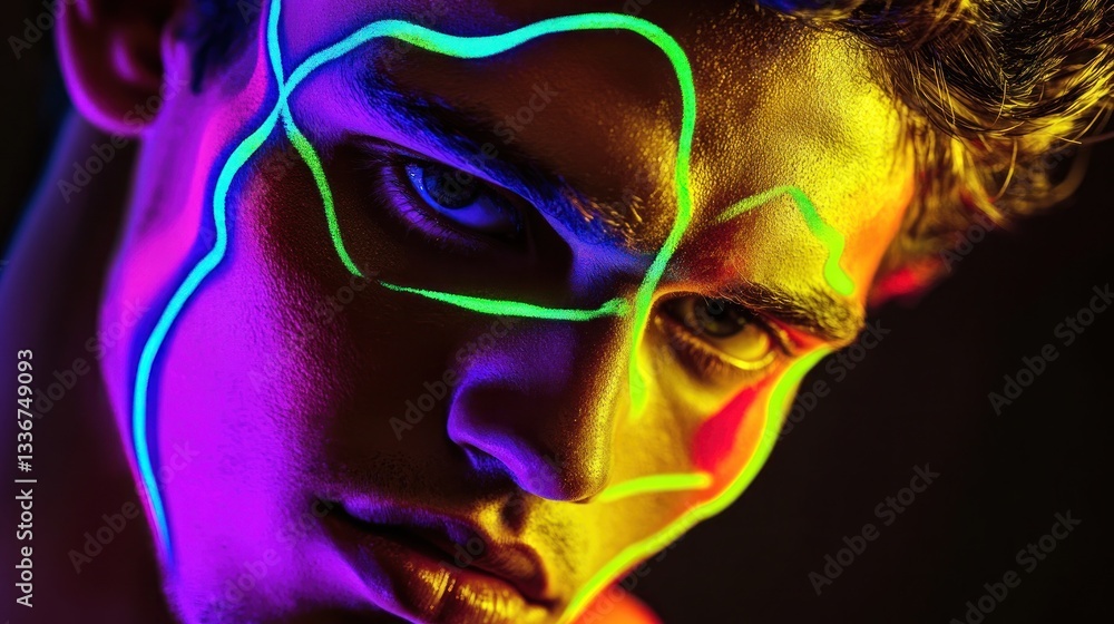 Neon Portrait, A Striking Display of Light and Shadow on a Male Face Neon Portrait, A Striking Display of Light and Shadow on a Male Face