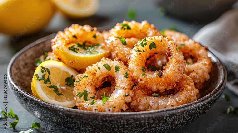 A bowl of fried calamari garnished with fresh lemon wedges for a delightful and flavorful seafood experience A bowl of fried calamari garnished with fresh lemon wedges for a delightful and flavorful seafood experience