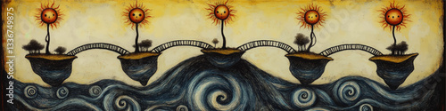 Enchanting Fantasy Vector Art of Surreal Islands with Bridges and Cheery Suns Over Whimsical Ocean Waves – Unique Artistic Landscape Illustration