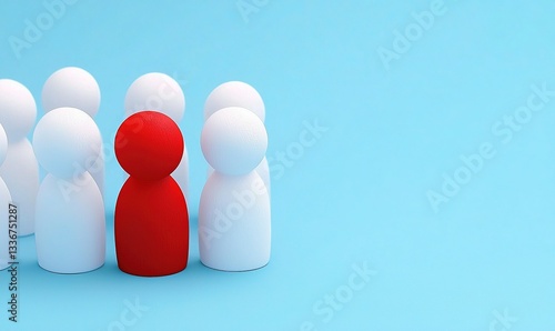 A red figure surrounded by white ones, on a light blue backdrop. Spotlight effect for standout individual