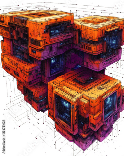Futuristic Digital Cube Structure Vector Art with Sci-Fi Neon Colors and Circuitry Design for Technology, Innovation, and Abstract Creative Projects