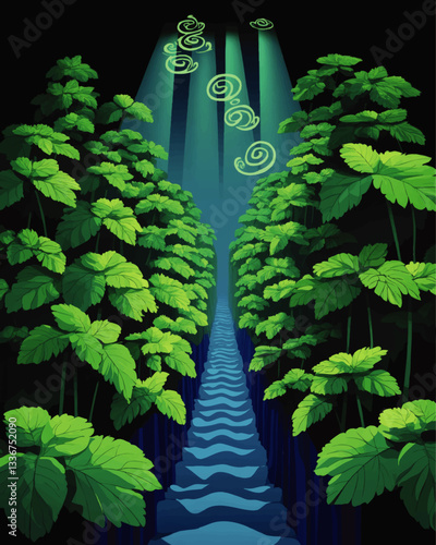 Serene Forest Pathway with Lush Greenery and Spiraling Lights Vector Art Illustration - Enchanting Woodland Scenic Escape for Nature and Design Enthusiasts
