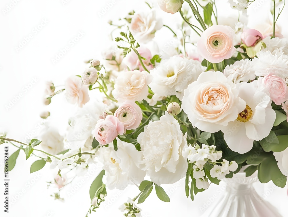 Obraz premium A stunning bouquet of pastel pink and white peonies with delicate roses, creating a soft, romantic floral arrangement in natural light. Perfect for wedding or decor inspiration. 