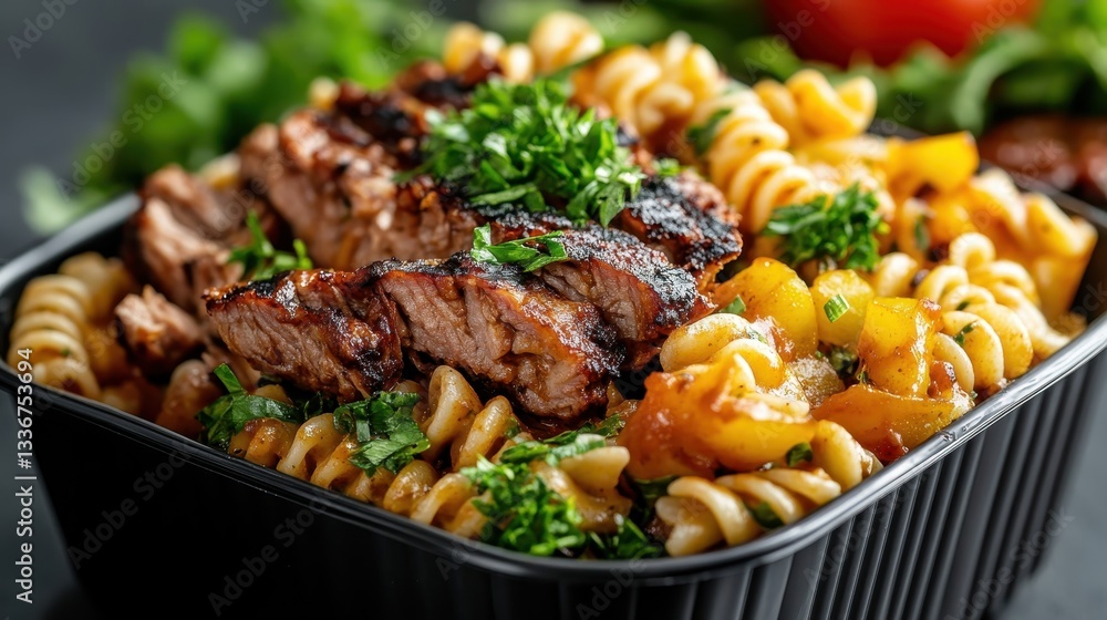 An enticing dish featuring grilled beef served on a bed of pasta and complemented by sweet peppers, embodying gourmet indulgence and culinary creativity. An enticing dish featuring grilled beef served on a bed of pasta and complemented by sweet peppers, embodying gourmet indulgence and culinary creativity.