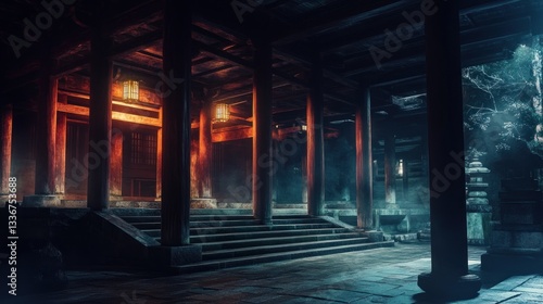 Mystical Asian temple entrance  night fog  fantasy backdrop