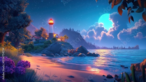 Coastal lighthouse, moonlit beach, nighttime scene, game background
