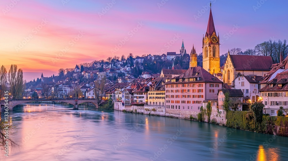 Obraz premium Picturesque Sunset over Bern's River Aare and its Historic Old Town