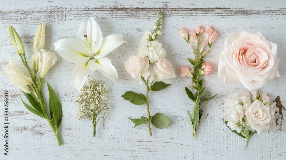 Assorted blooms: lilies, roses, snapdragons, and baby's breath on rustic wood background Assorted blooms: lilies, roses, snapdragons, and baby's breath on rustic wood background