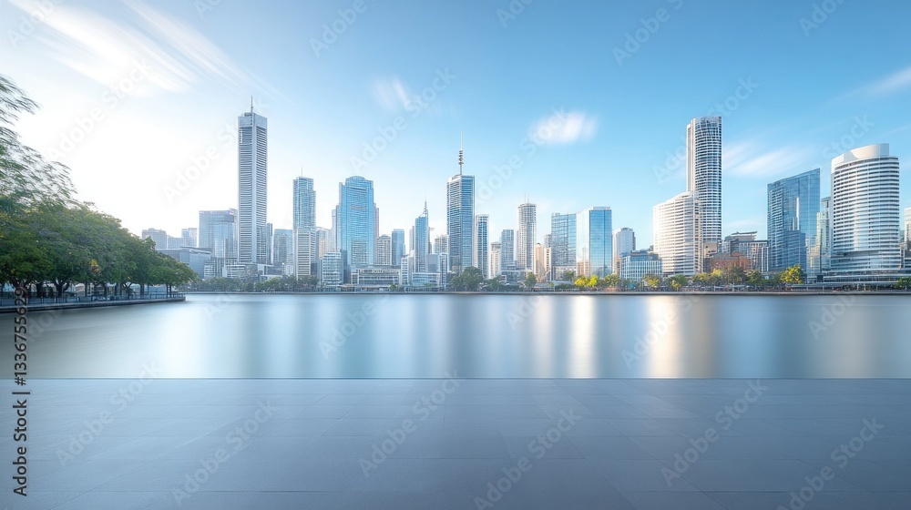 Fototapeta premium Cityscape sunrise waterfront platform urban background