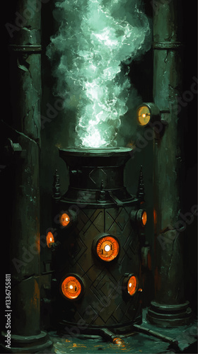Mysterious Steampunk Boiler with Glowing Orange Dials and Smoky Green Emission in Industrial Setting - Atmospheric Sci-Fi Vector Art for Creative Design