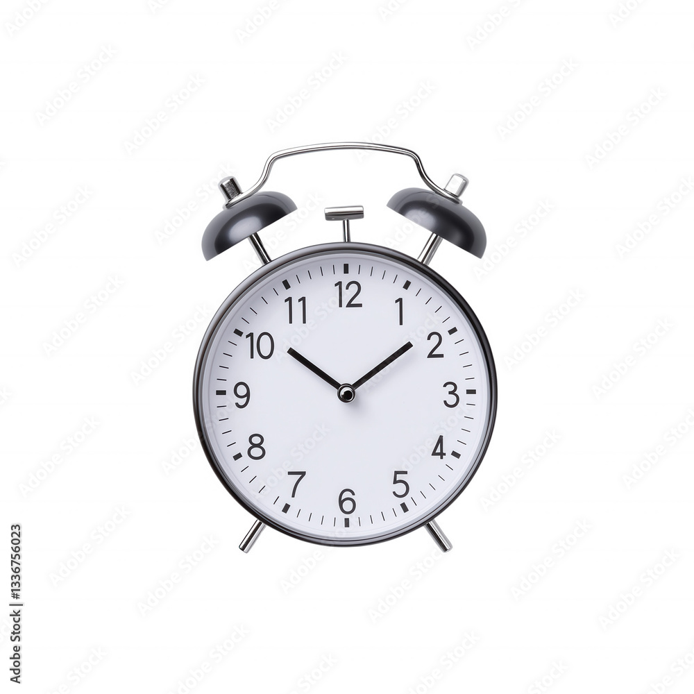 A classic alarm clock with a round white face, black markings, and twin bells on top. isolated on transparent background A classic alarm clock with a round white face, black markings, and twin bells on top. isolated on transparent background